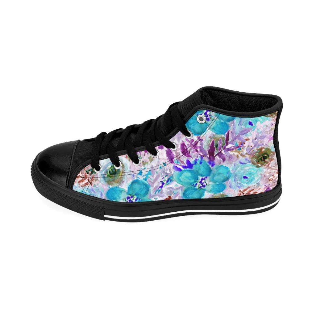 Blue Floral Women's Sneakers, Flower Print Designer High-top Sneakers Tennis Shoes (US Size: 6-12)