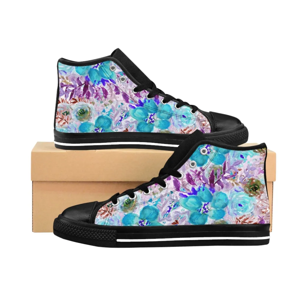 Blue Floral Women's Sneakers, Flower Print Designer High-top Sneakers Tennis Shoes (US Size: 6-12)