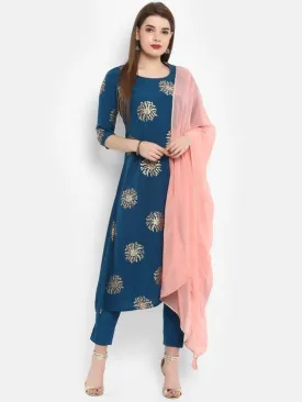 Blue Gold Print Kurta Palazzo Set