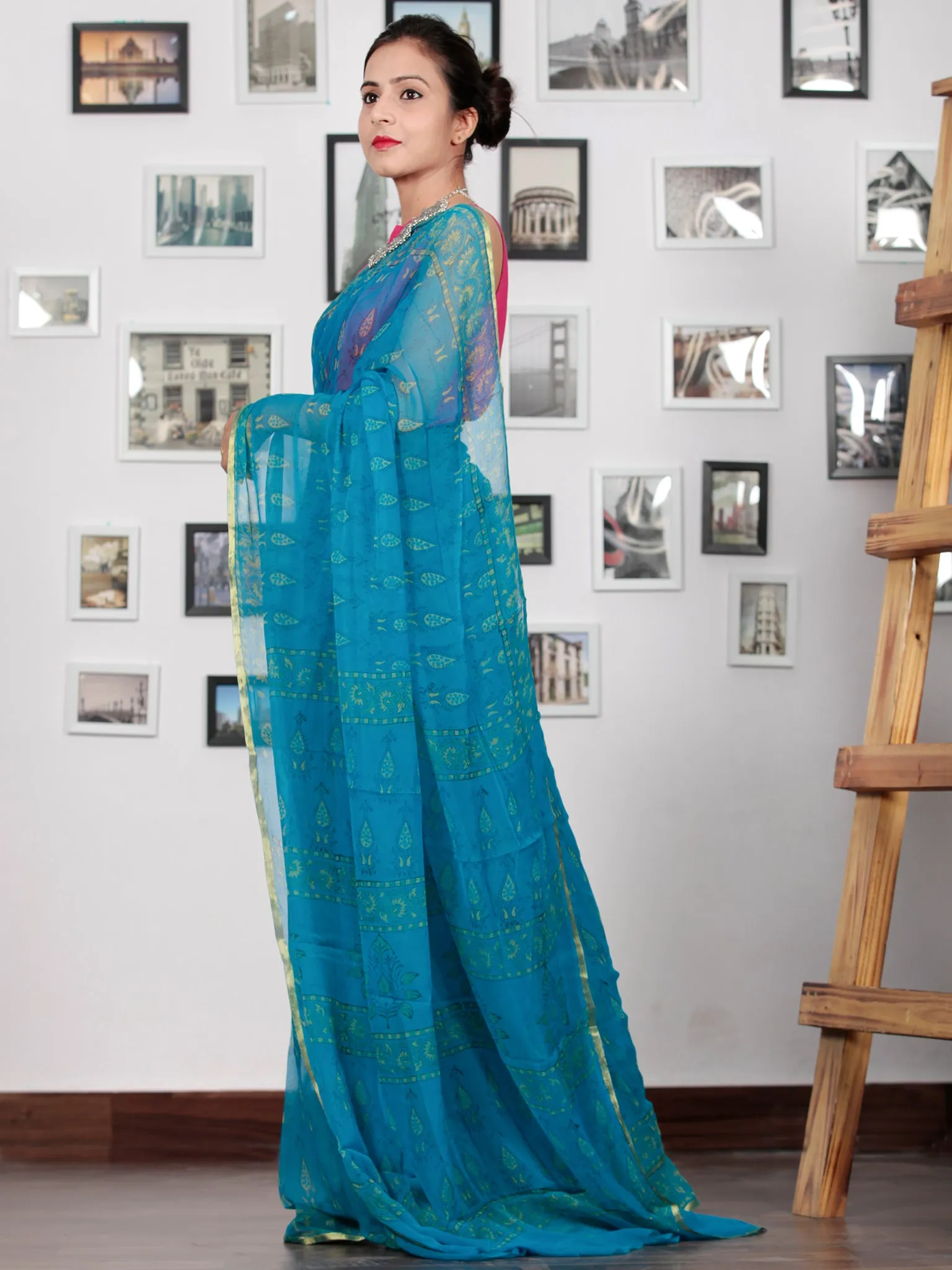 Blue Green Hand Block Printed Chiffon Saree with Zari Border - S031702756