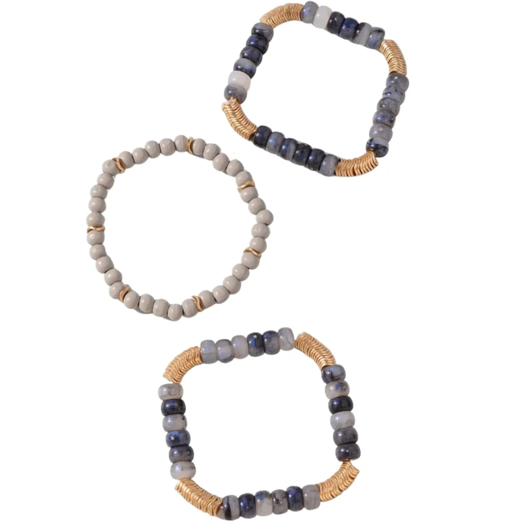 Blue Grey Beads & Gold Disc Bracelets (Set of 3)