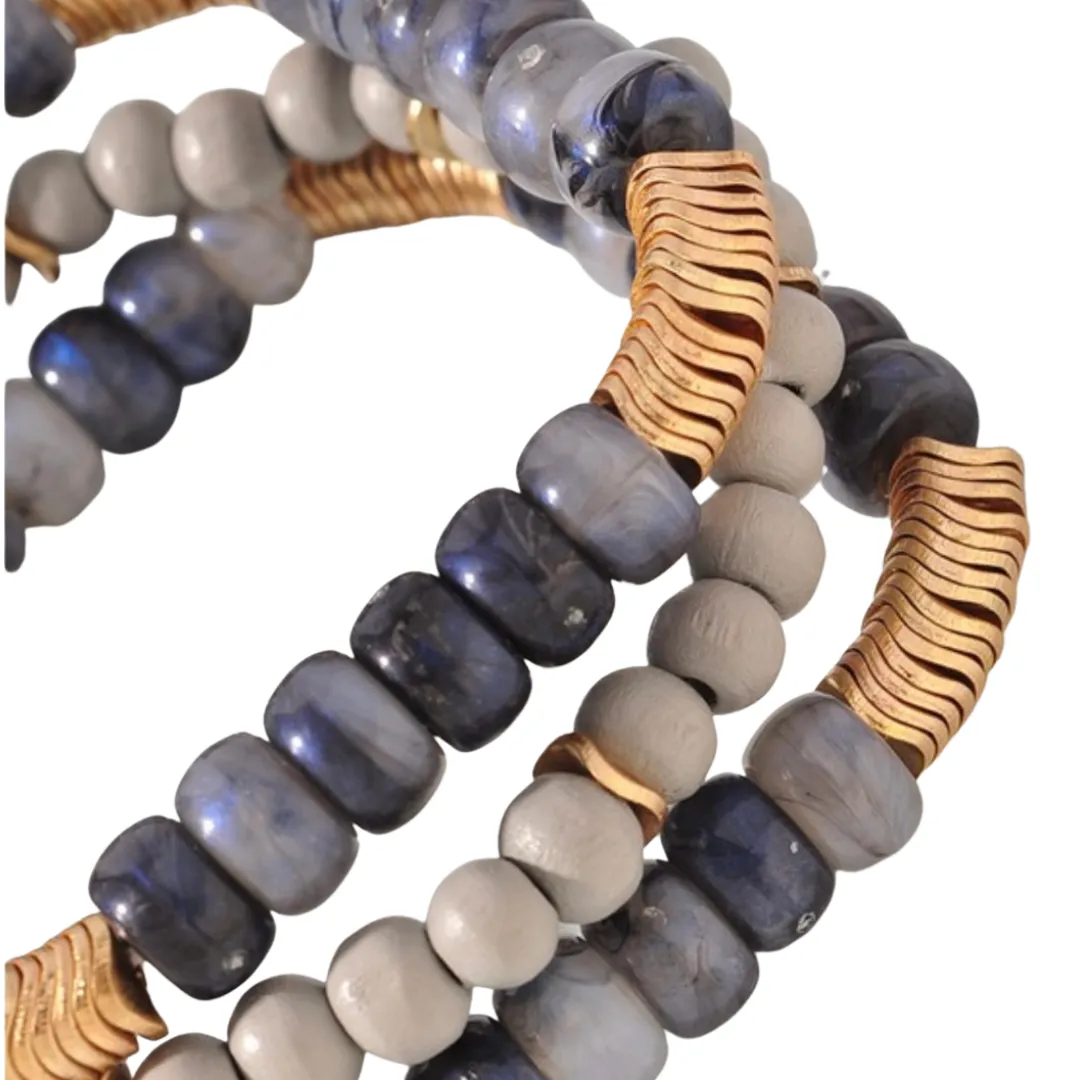 Blue Grey Beads & Gold Disc Bracelets (Set of 3)