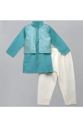 Blue Kurta With Printed Attached Jacket And Off White Pyjama