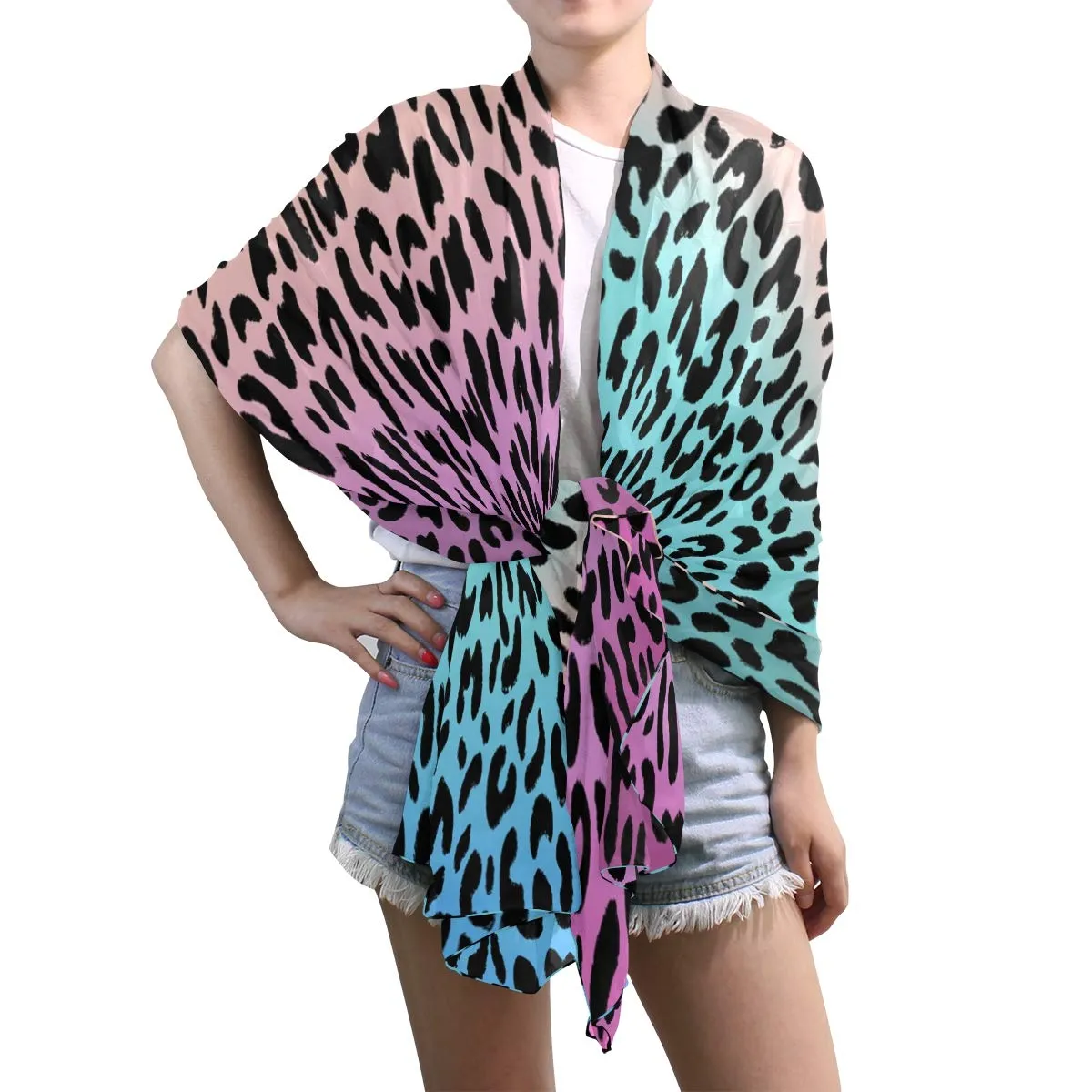 Blue Leopard Print Long Silk Scarf Shawl Wrap