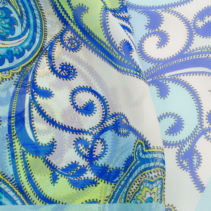 Blue Paisley Printed Silk Chiffon Scarf