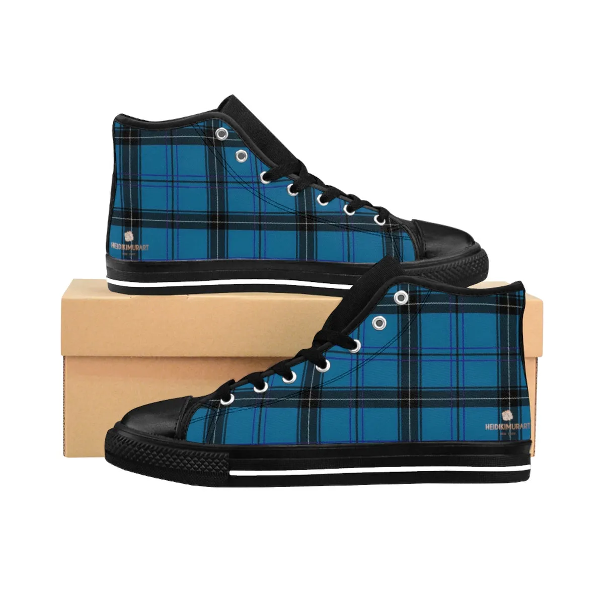 Blue Plaid Men's Sneakers, Scottish Plaid Tartan Print High-top Tennis Shoes(US Size: 6-14)