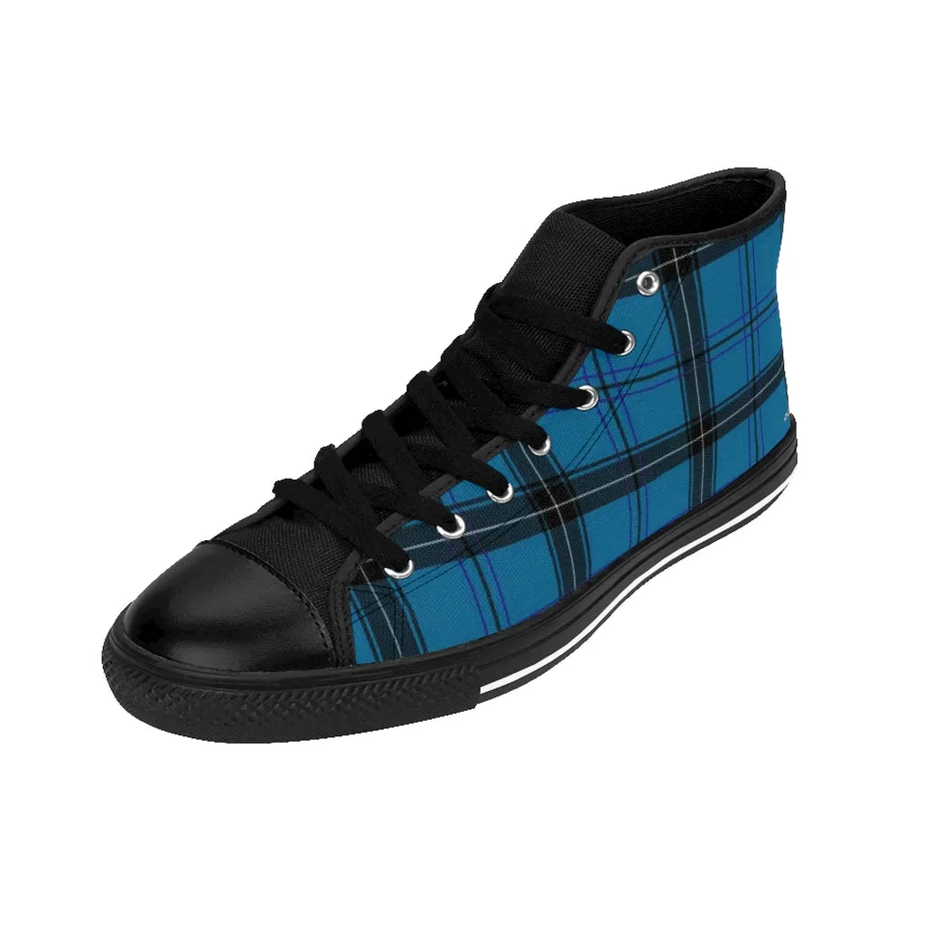 Blue Plaid Women's Sneakers, Preppy Tartan Print Designer High-top Fashion Tennis Shoes