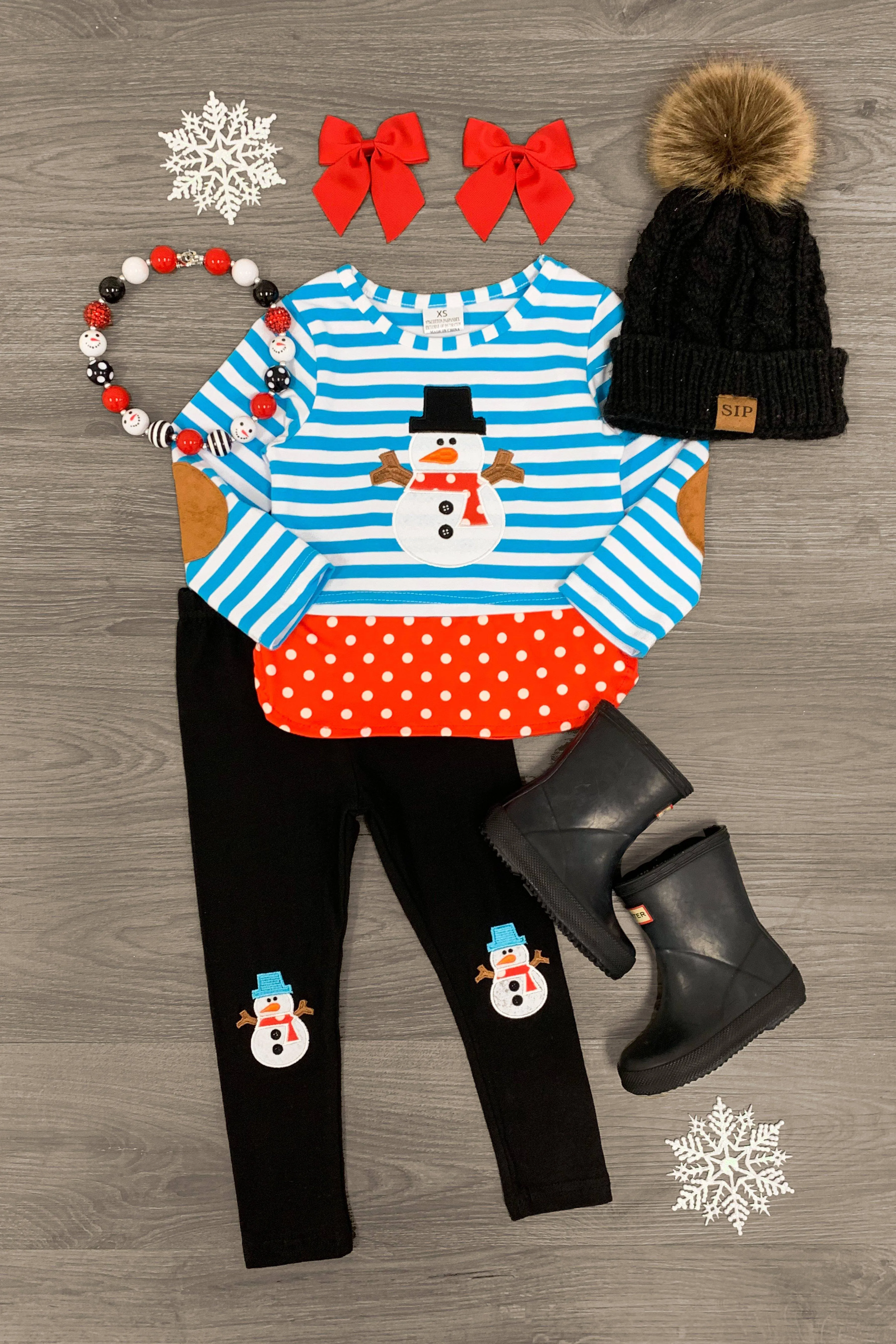 Blue Polka Dots & Stripes Snowman Legging Set