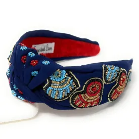 Blue Red Hearts Hand Beaded Knot Headband