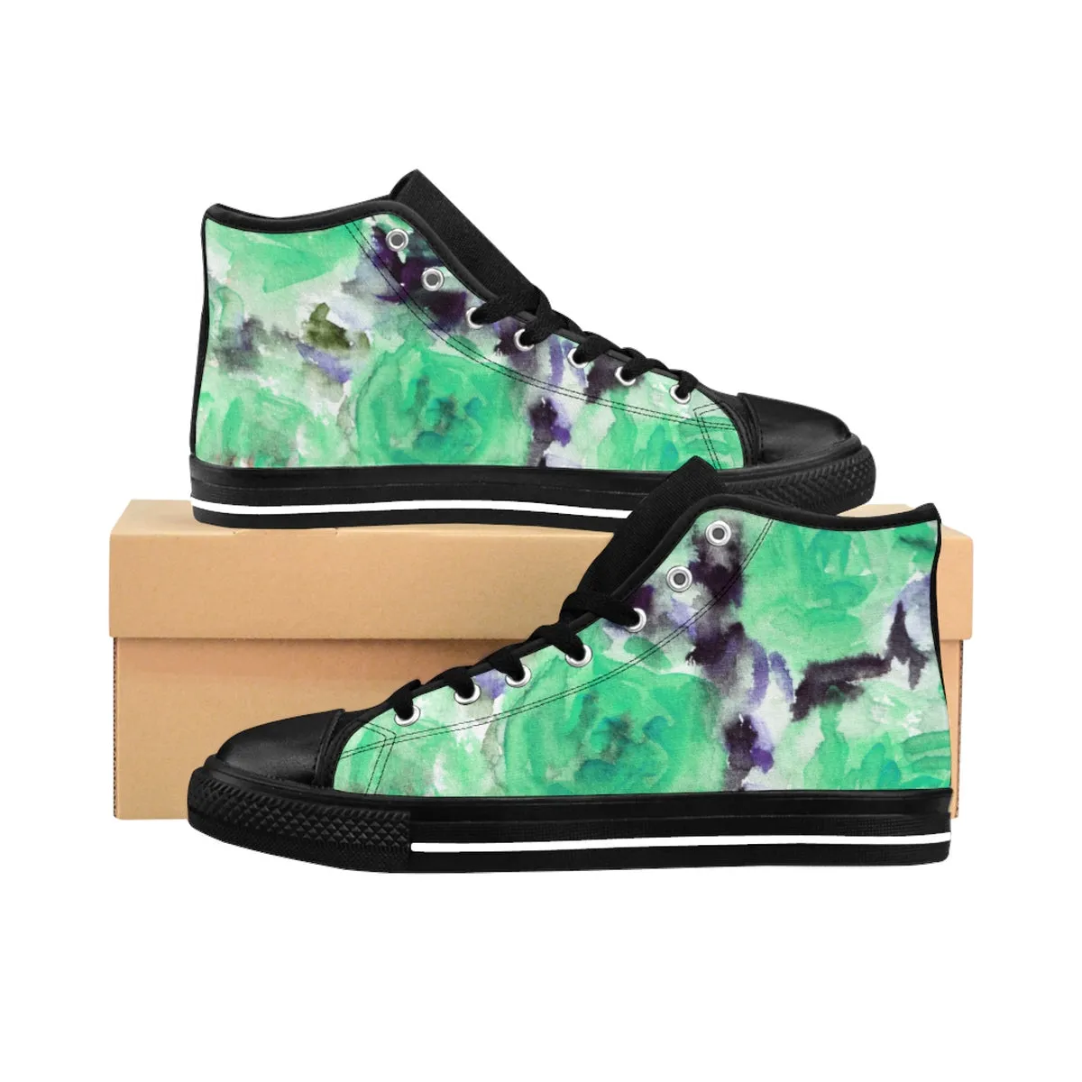 Blue Rose Floral Women's Sneakers, High Top Designer Sneakers Tennis Shoes For Ladies