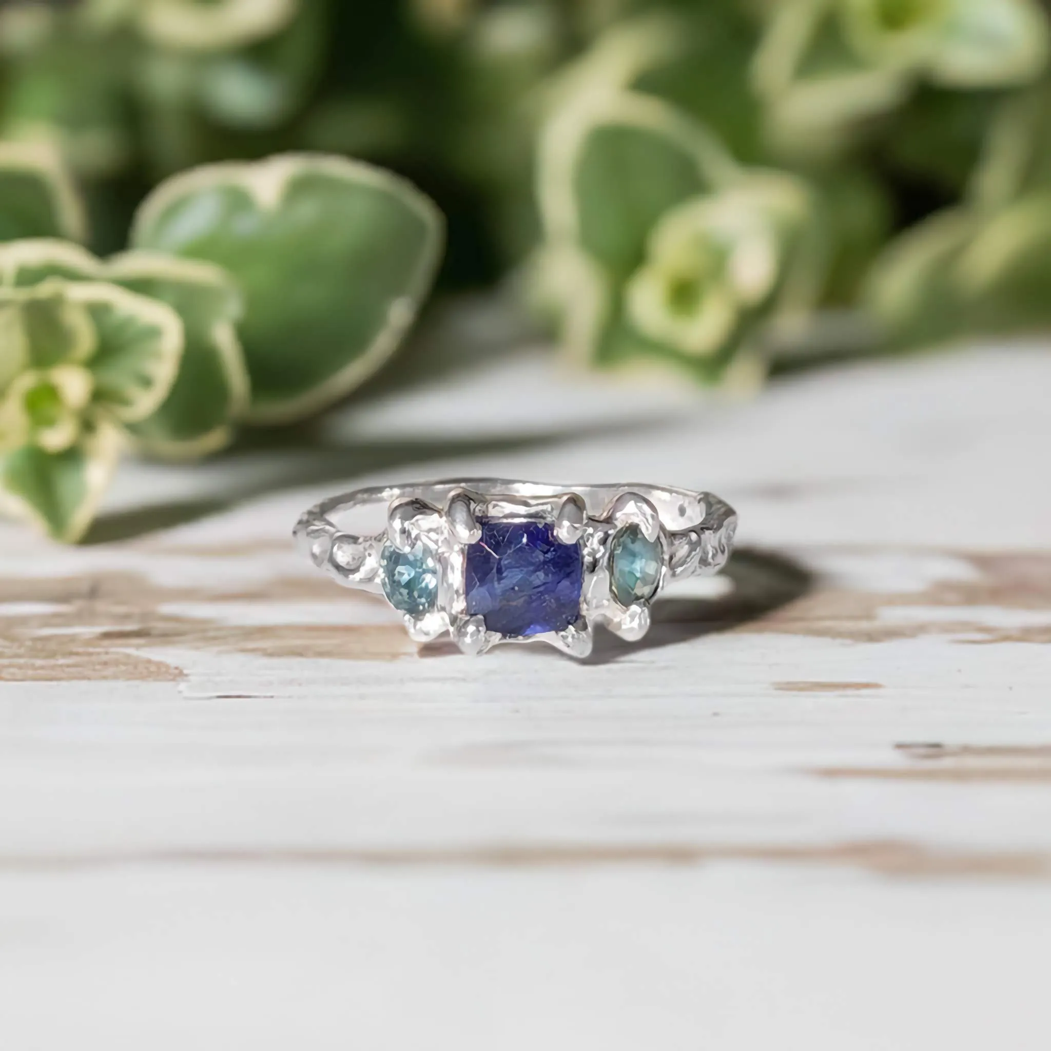 Blue Sapphire and Tourmaline engagement ring in Solid Sterling Silver