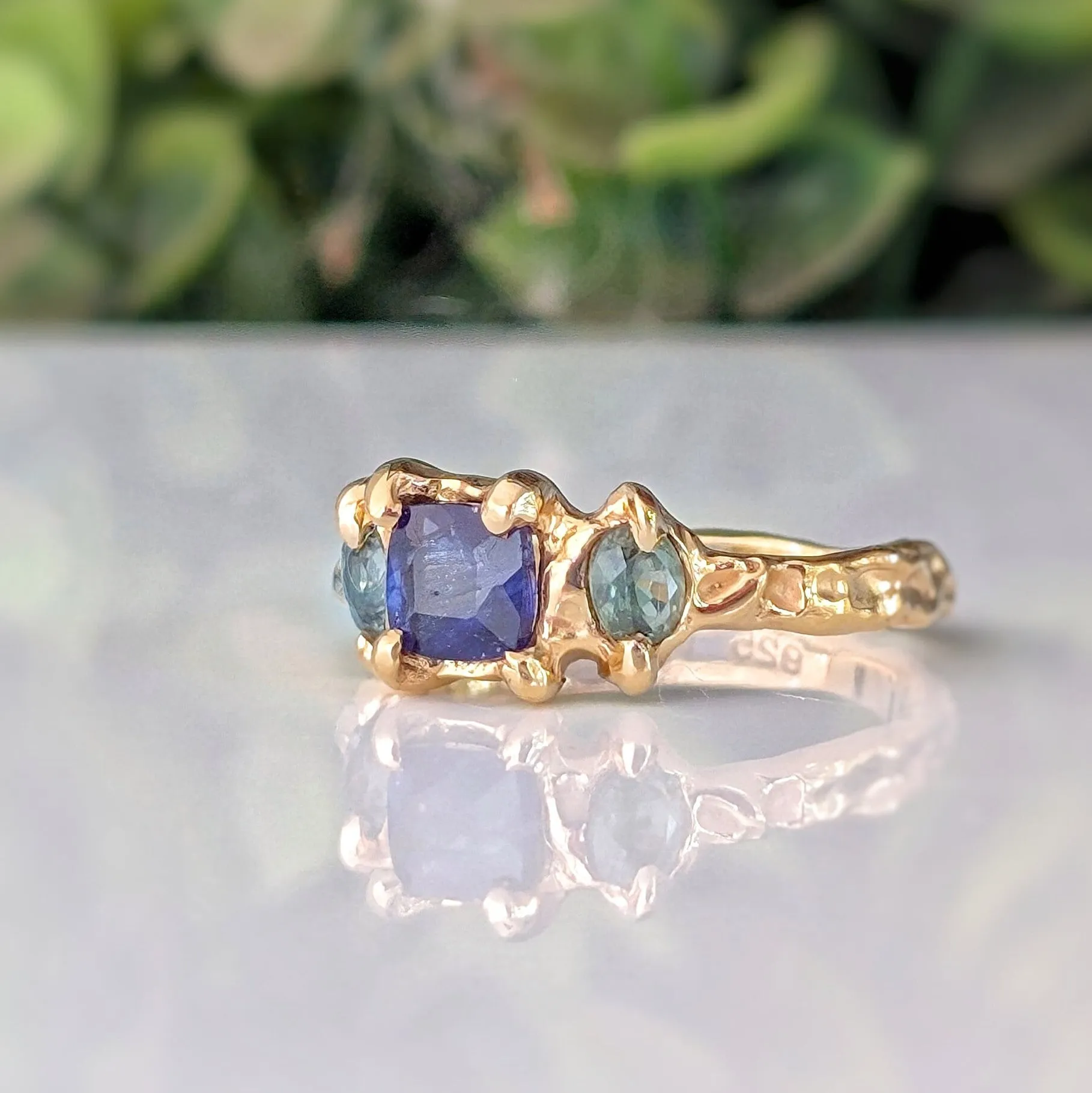 Blue Sapphire and Tourmaline engagement ring in Solid Sterling Silver