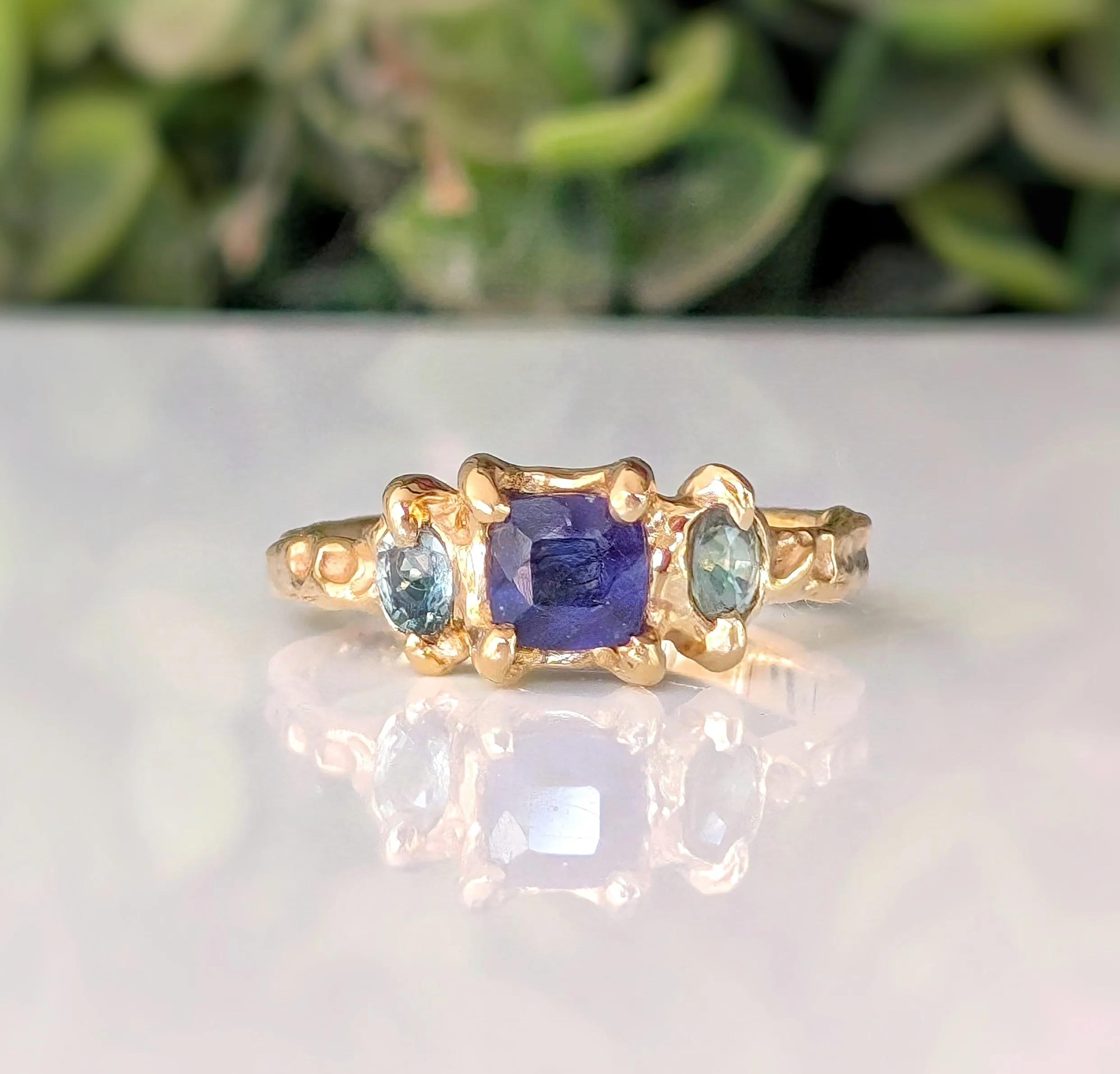 Blue Sapphire and Tourmaline engagement ring in Solid Sterling Silver