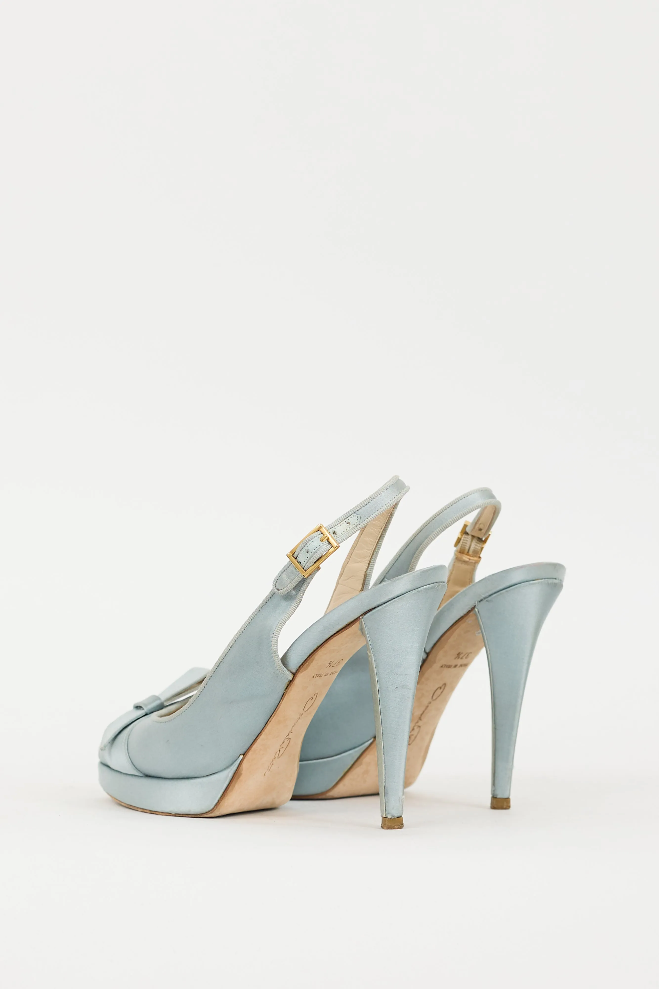 Blue Satin Peep Toe Pump