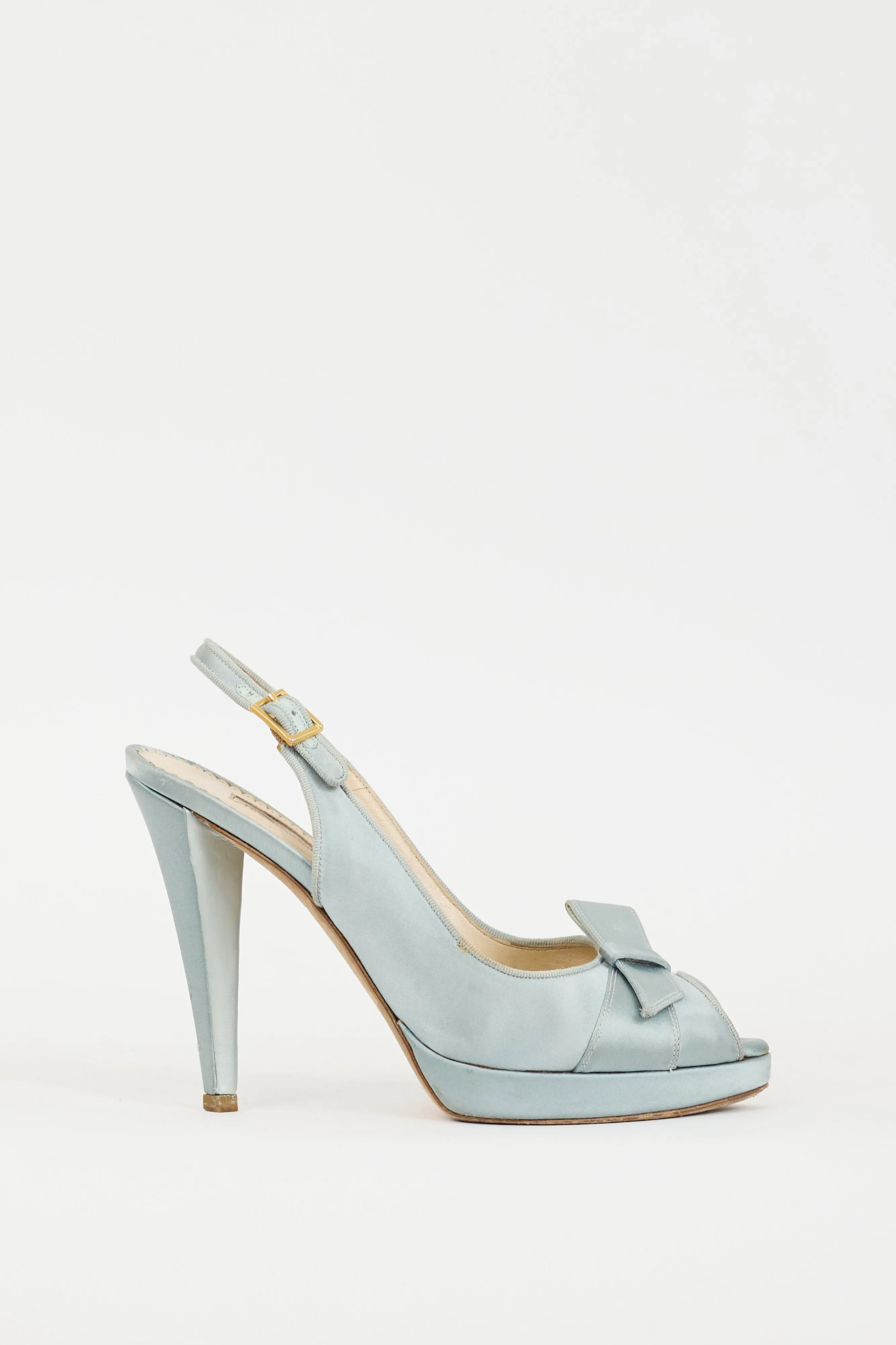 Blue Satin Peep Toe Pump