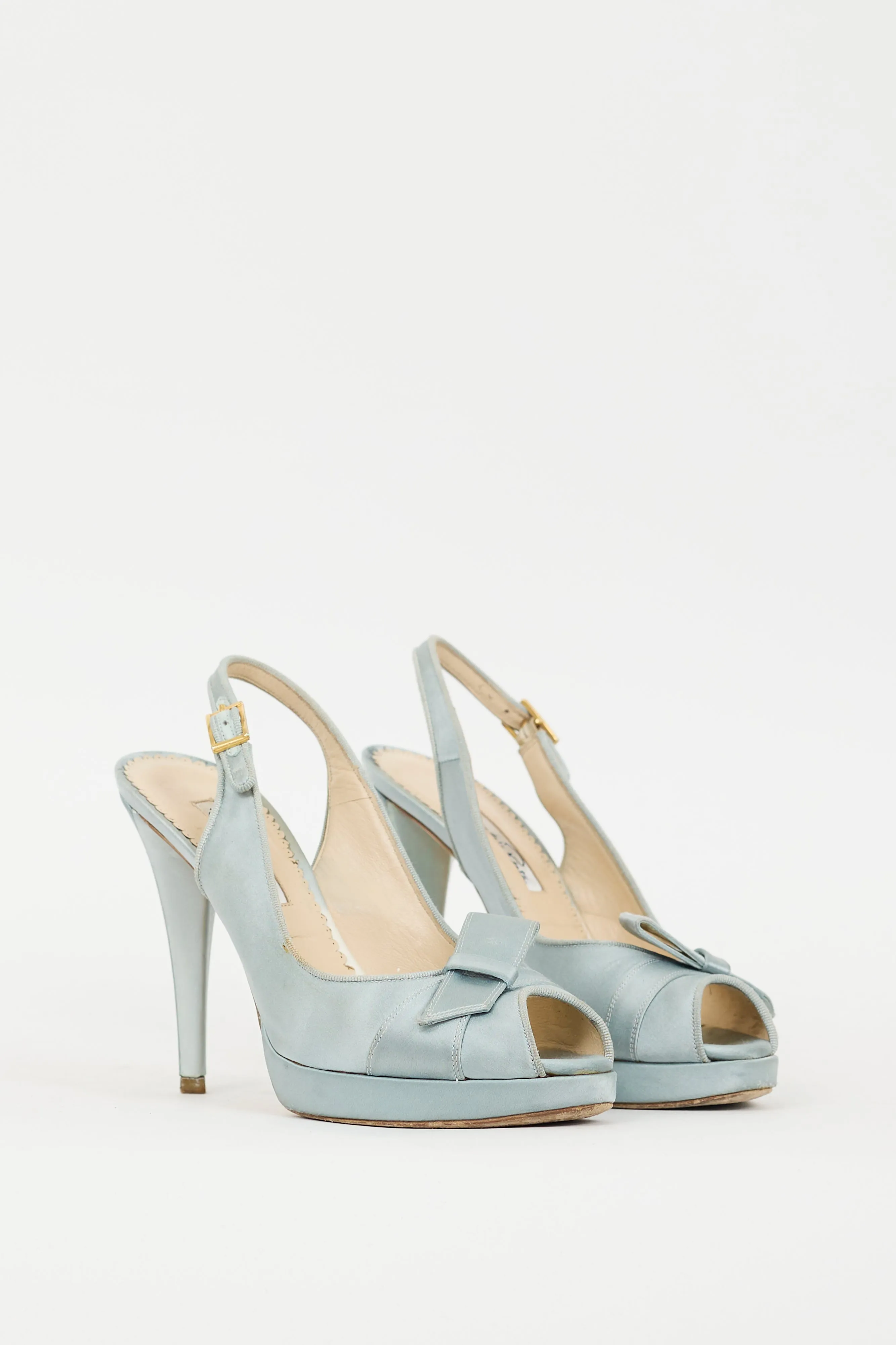 Blue Satin Peep Toe Pump