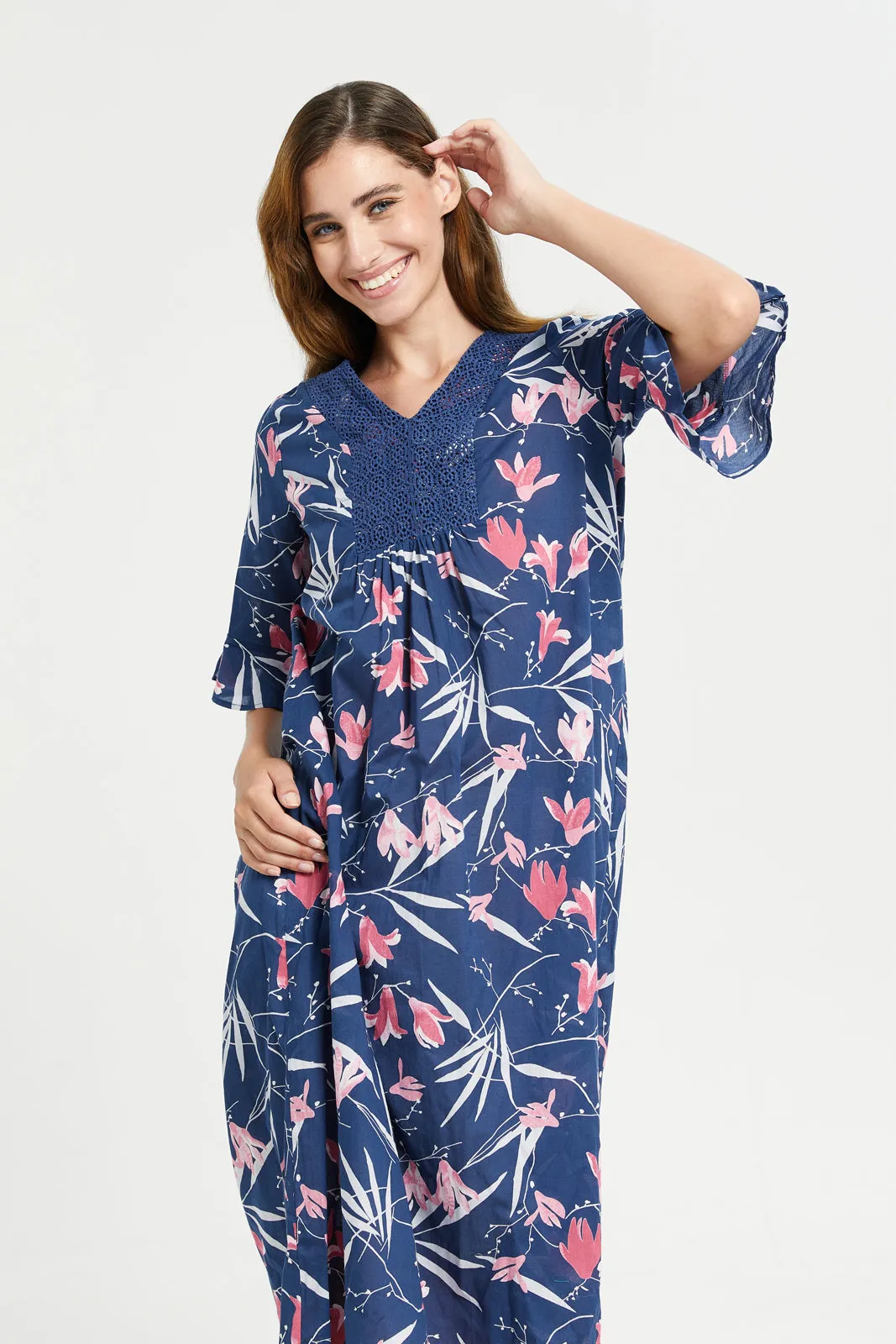 Blue Short Sleeve Printed Lace Nightgown