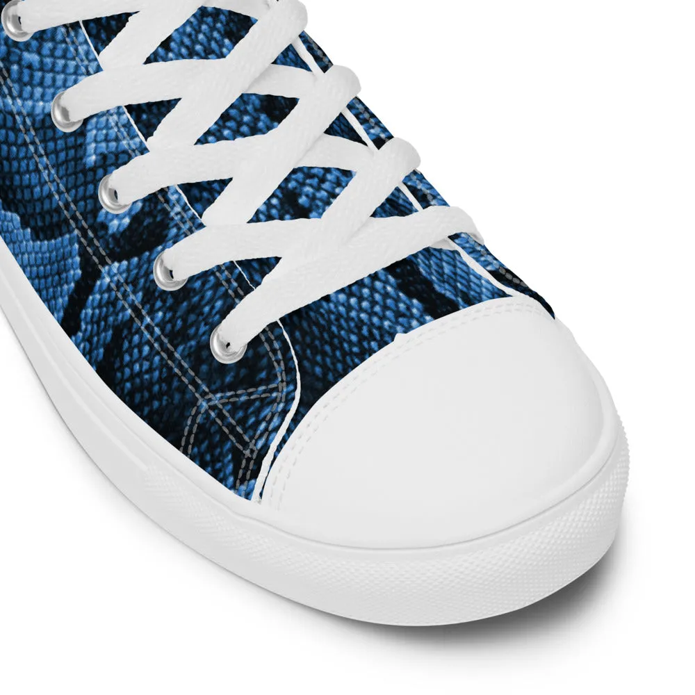 Blue Snake Print Men's Sneakers, Modern Python Stylish Snake Print Designer Men's High Top Tennis Shoes (US Size: 5-13)