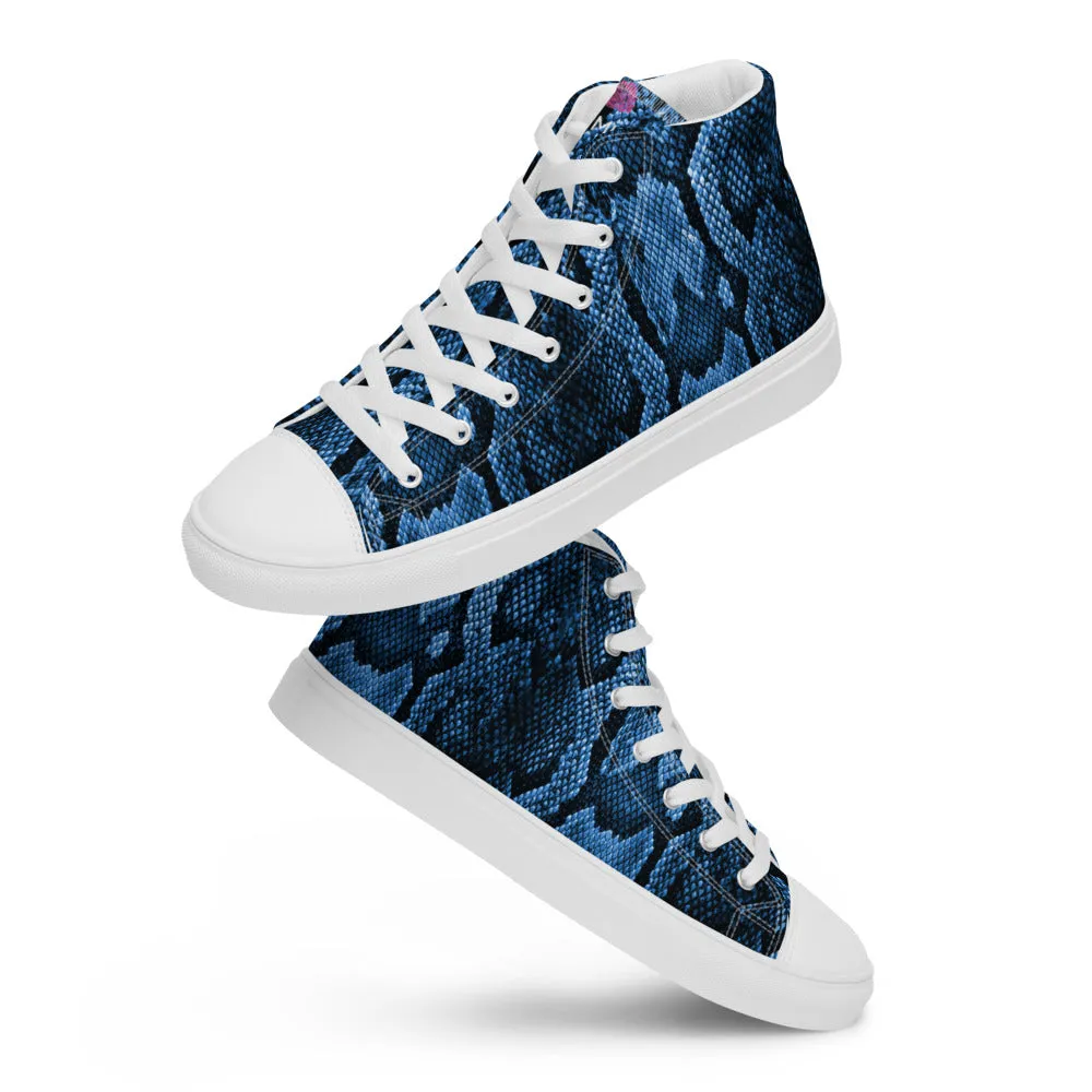 Blue Snake Print Men's Sneakers, Modern Python Stylish Snake Print Designer Men's High Top Tennis Shoes (US Size: 5-13)