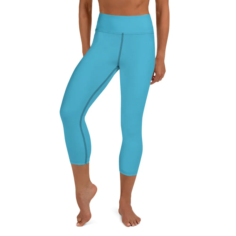 Blue Solid Yoga Capri Leggings, Blue Designer Best Women's Capris Tights-Made in USA/EU/MX