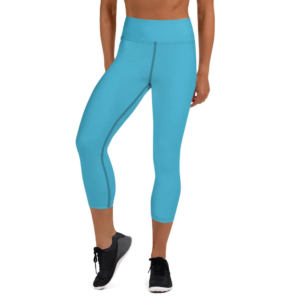 Blue Solid Yoga Capri Leggings, Blue Designer Best Women's Capris Tights-Made in USA/EU/MX