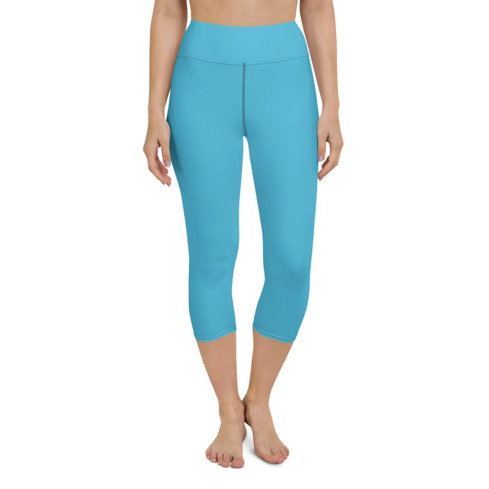 Blue Solid Yoga Capri Leggings, Blue Designer Best Women's Capris Tights-Made in USA/EU/MX