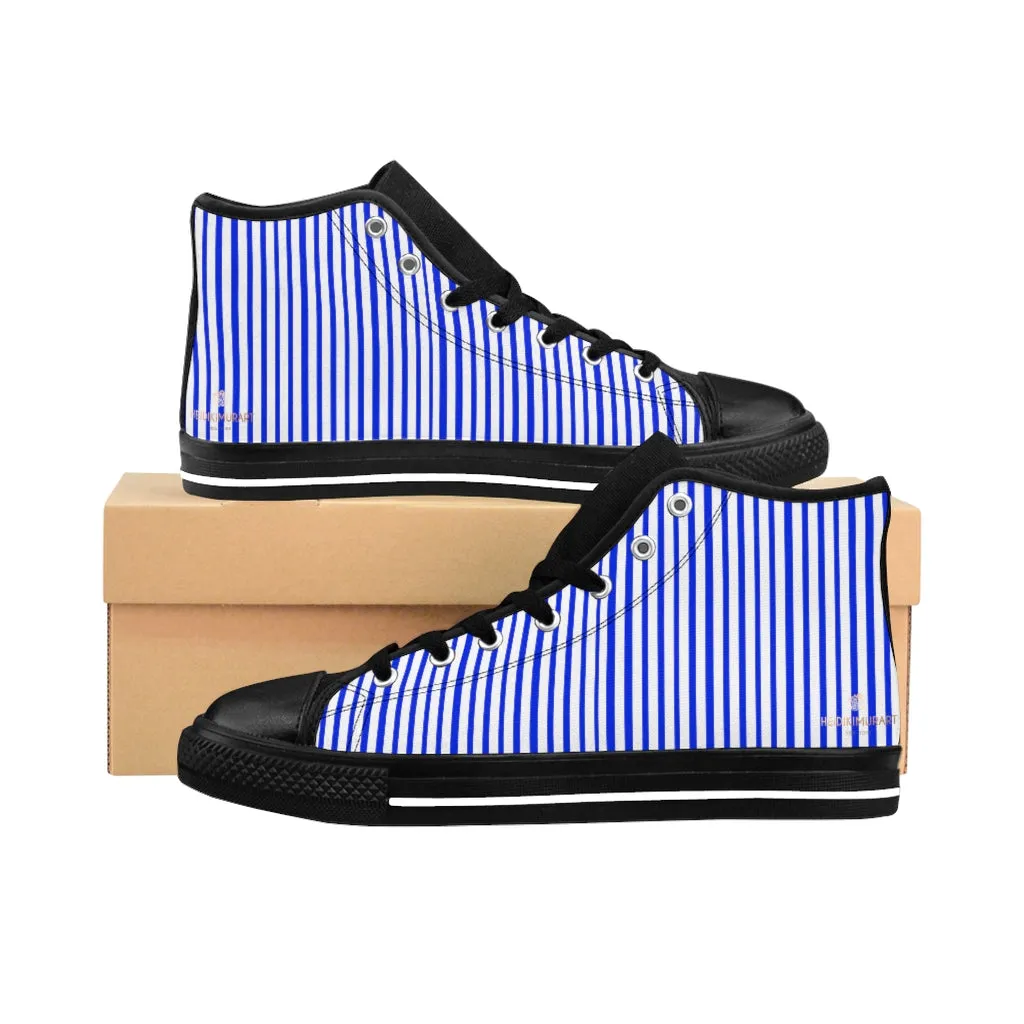 Blue Striped Men's High-top Sneakers, Modern Stripes Men's Designer Tennis Running Shoes (US Size: 6-14)