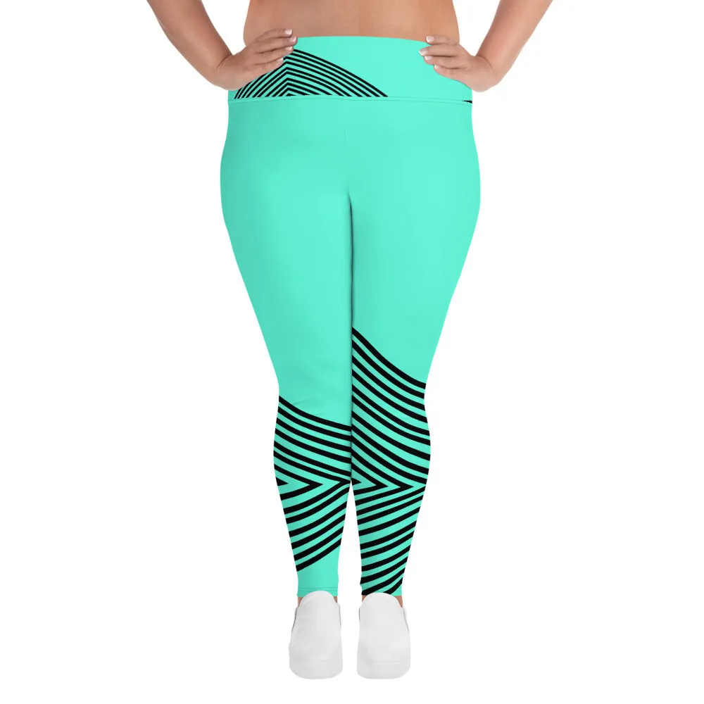 Blue Striped Plus Size Leggings, Sporty Modern Women's Modern Yoga Pants- Made in USA/EU