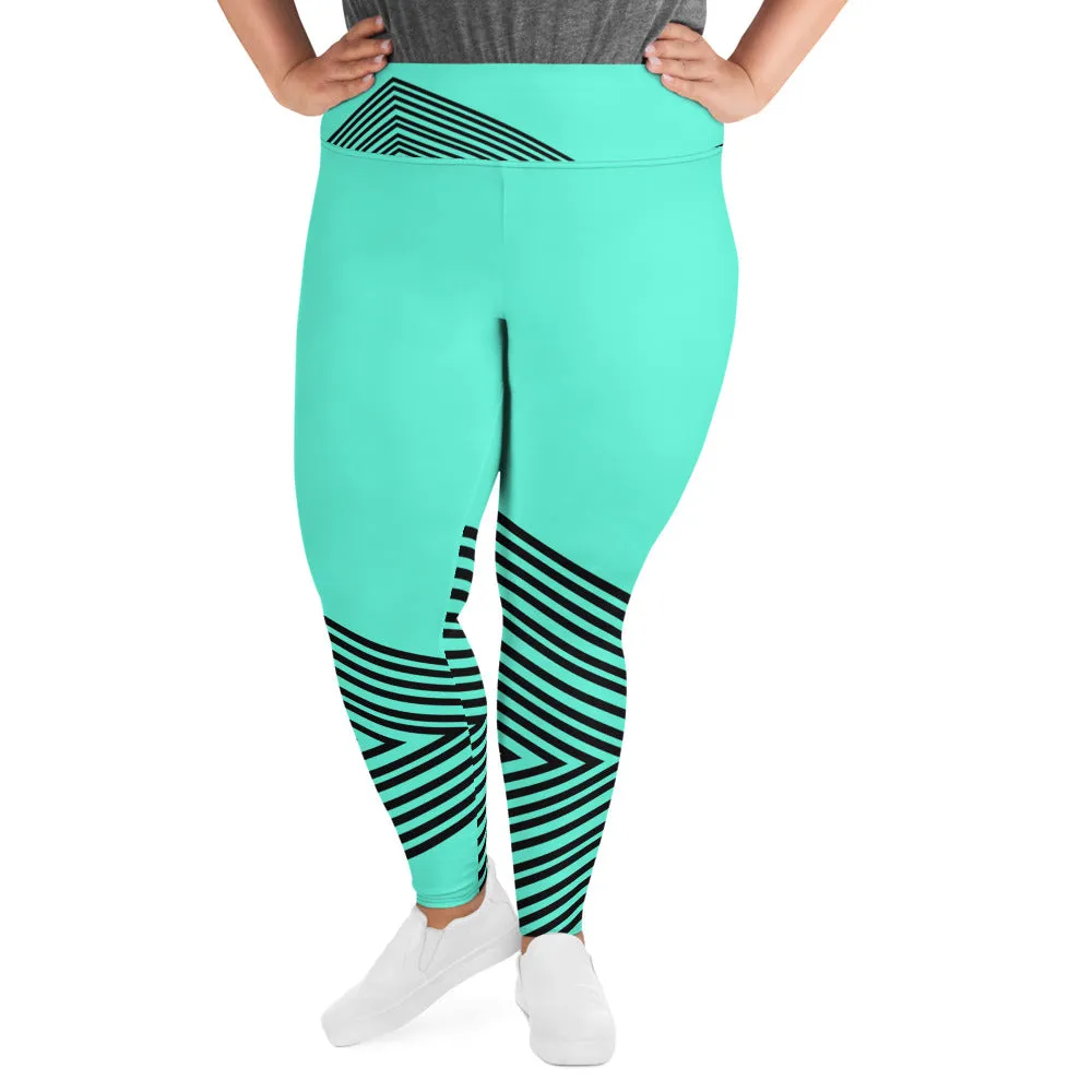 Blue Striped Plus Size Leggings, Sporty Modern Women's Modern Yoga Pants- Made in USA/EU