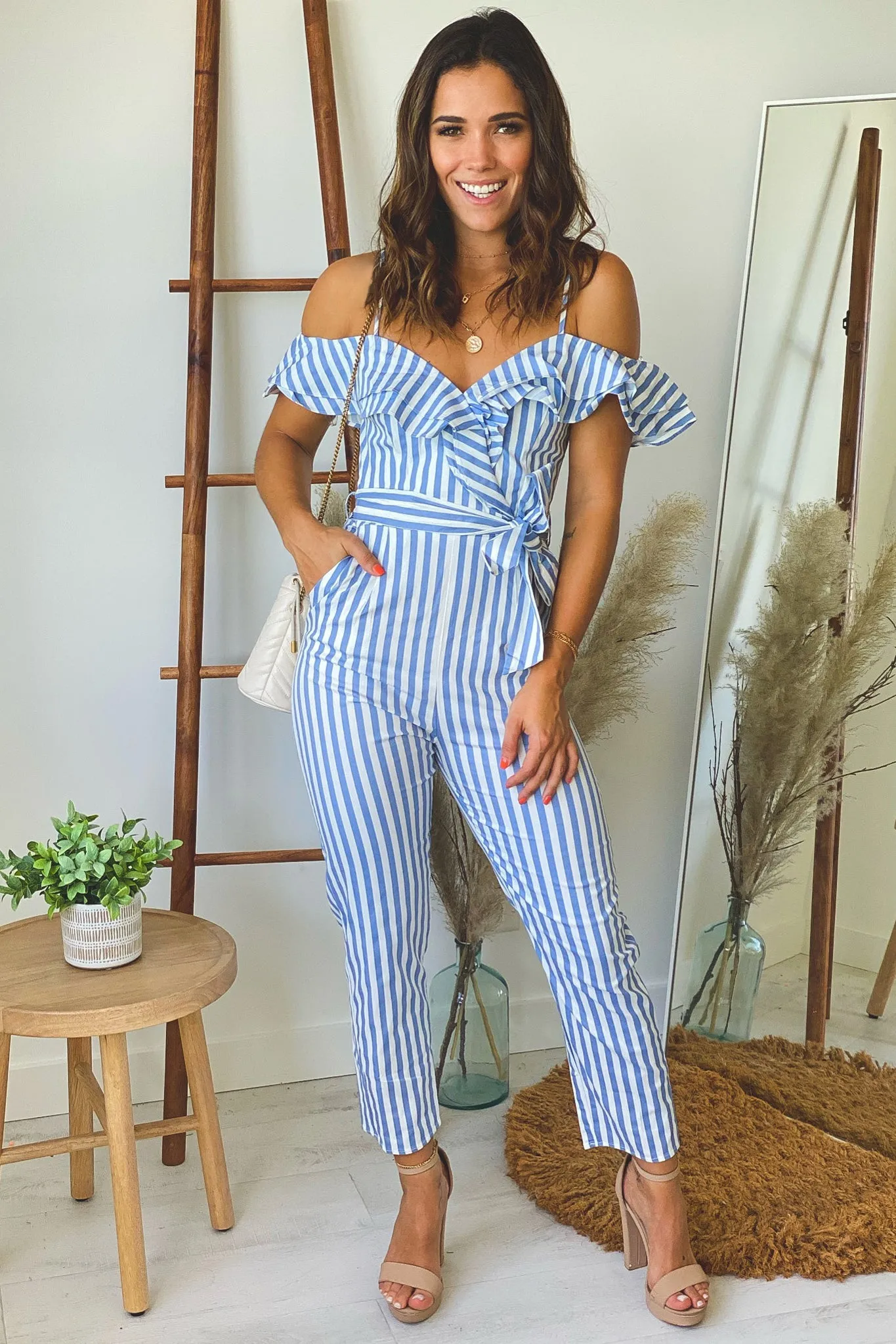 Blue Striped Ruffled Jumpsuit