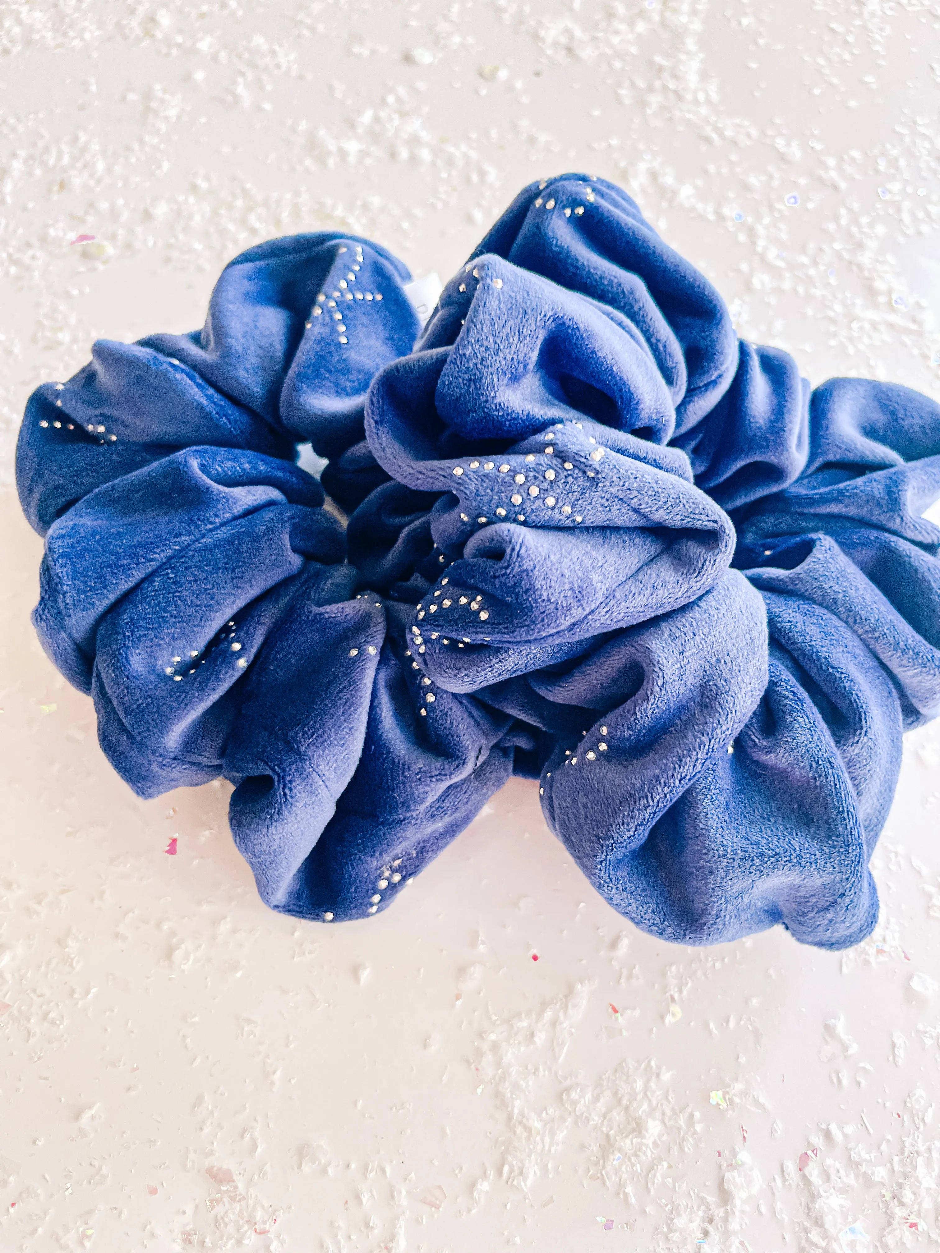 Blue Suede Rhinestone Bow Oversized Scrunchy