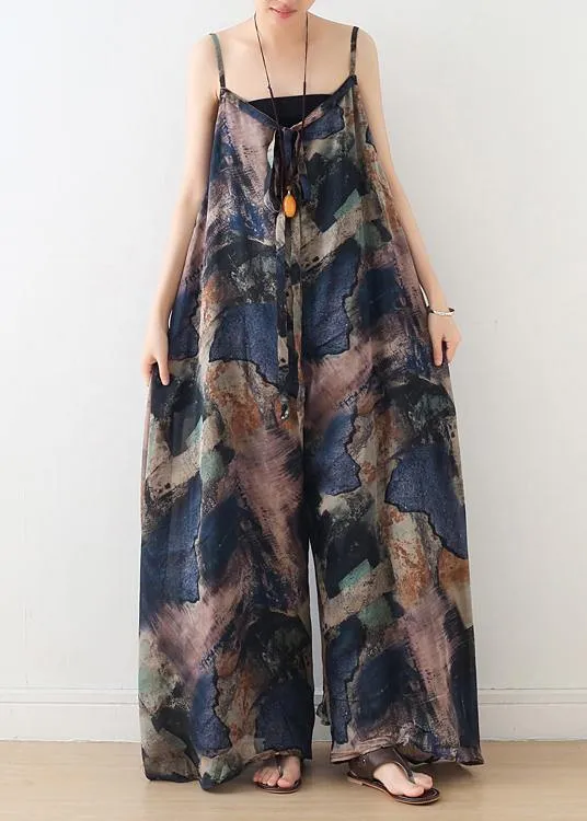 Blue Suspender Print Women Summer New Oversized Wide Leg Pants