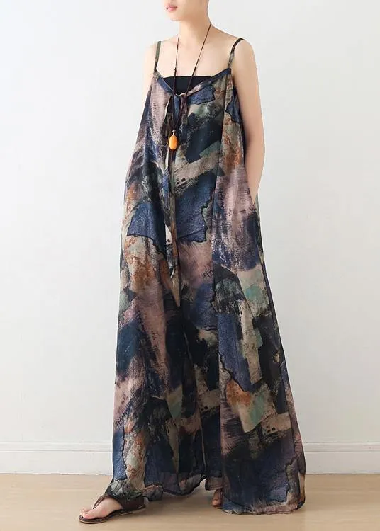 Blue Suspender Print Women Summer New Oversized Wide Leg Pants