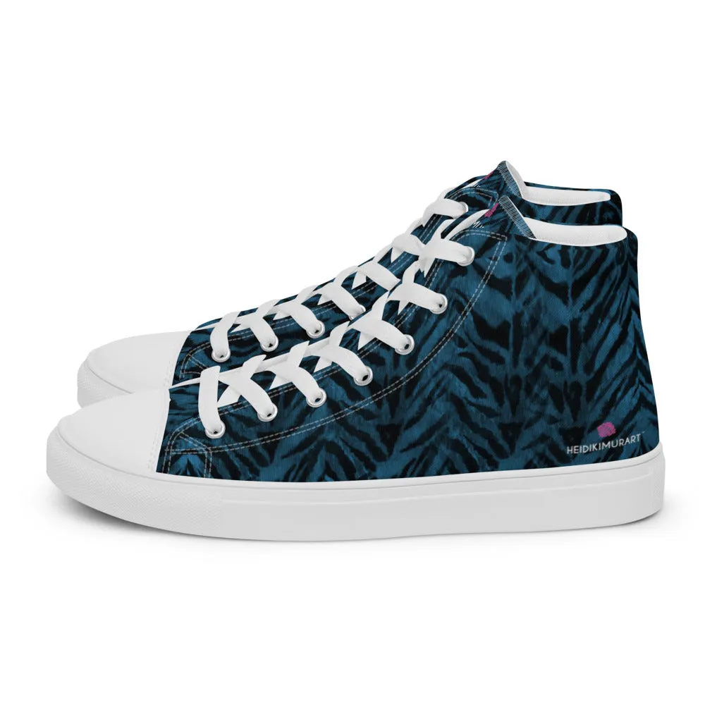 Blue Tiger Striped Men's Sneakers, Animal Print Premium High Top Tennis Shoes For Men (US Size: 5-13)