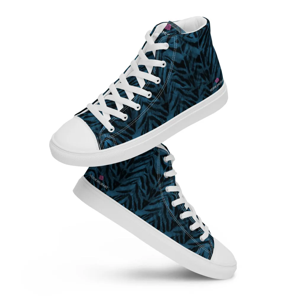 Blue Tiger Striped Men's Sneakers, Animal Print Premium High Top Tennis Shoes For Men (US Size: 5-13)