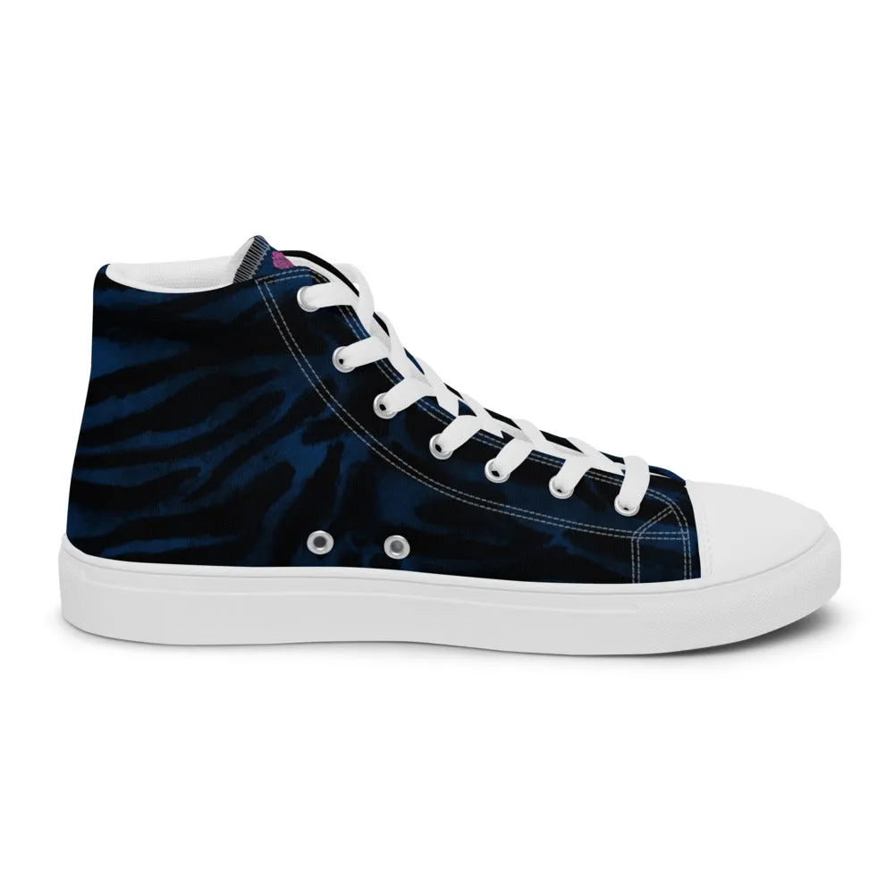 Blue Tiger Striped Women's Sneakers, Animal Print Designer Tiger Stripes High Top Tennis Shoes