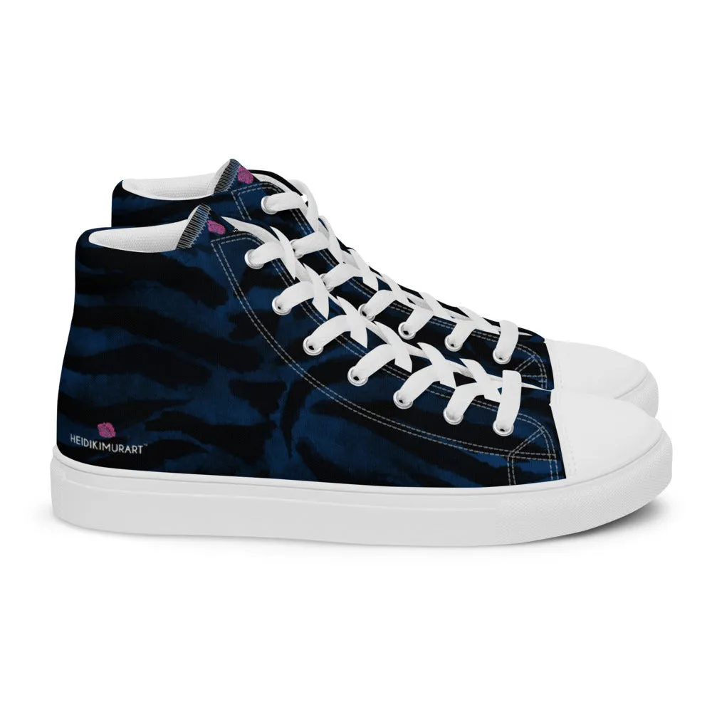 Blue Tiger Striped Women's Sneakers, Animal Print Designer Tiger Stripes High Top Tennis Shoes