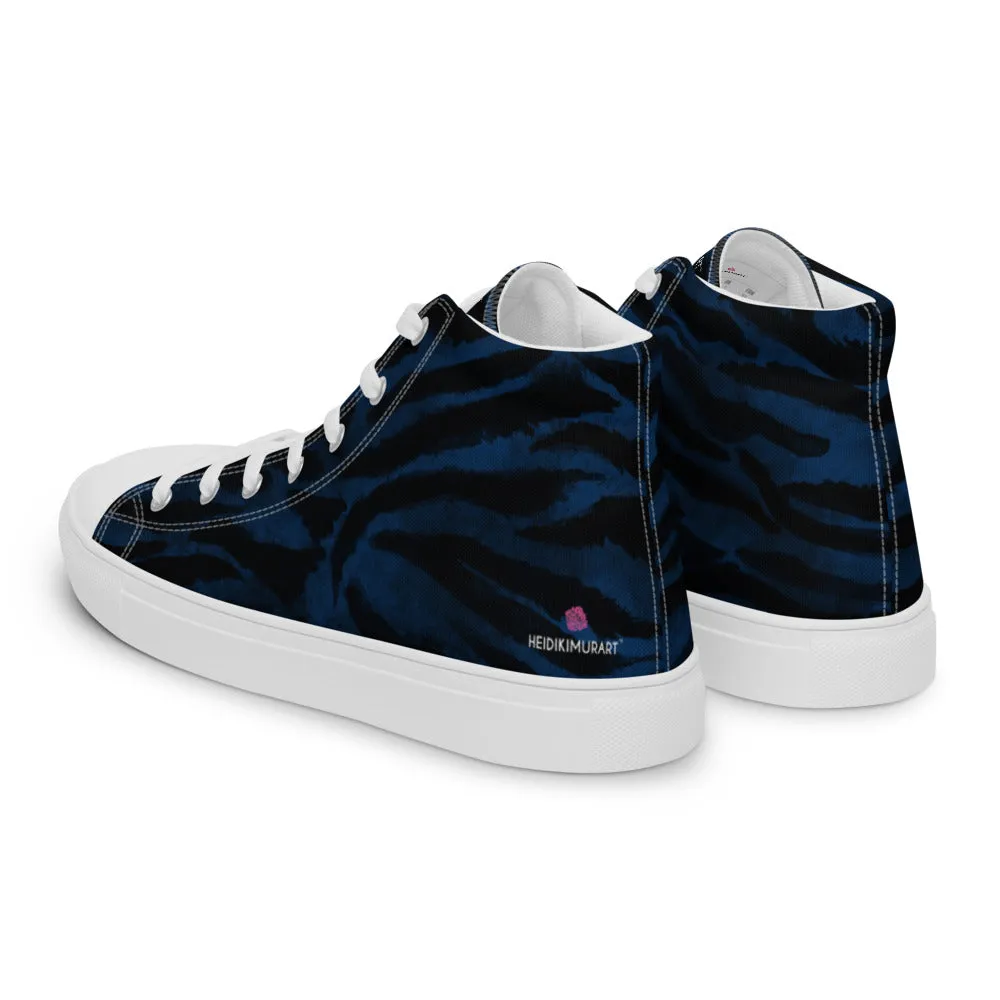 Blue Tiger Striped Women's Sneakers, Animal Print Designer Tiger Stripes High Top Tennis Shoes