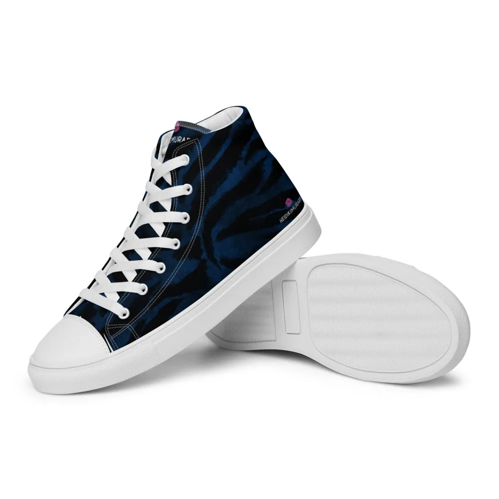 Blue Tiger Striped Women's Sneakers, Animal Print Designer Tiger Stripes High Top Tennis Shoes