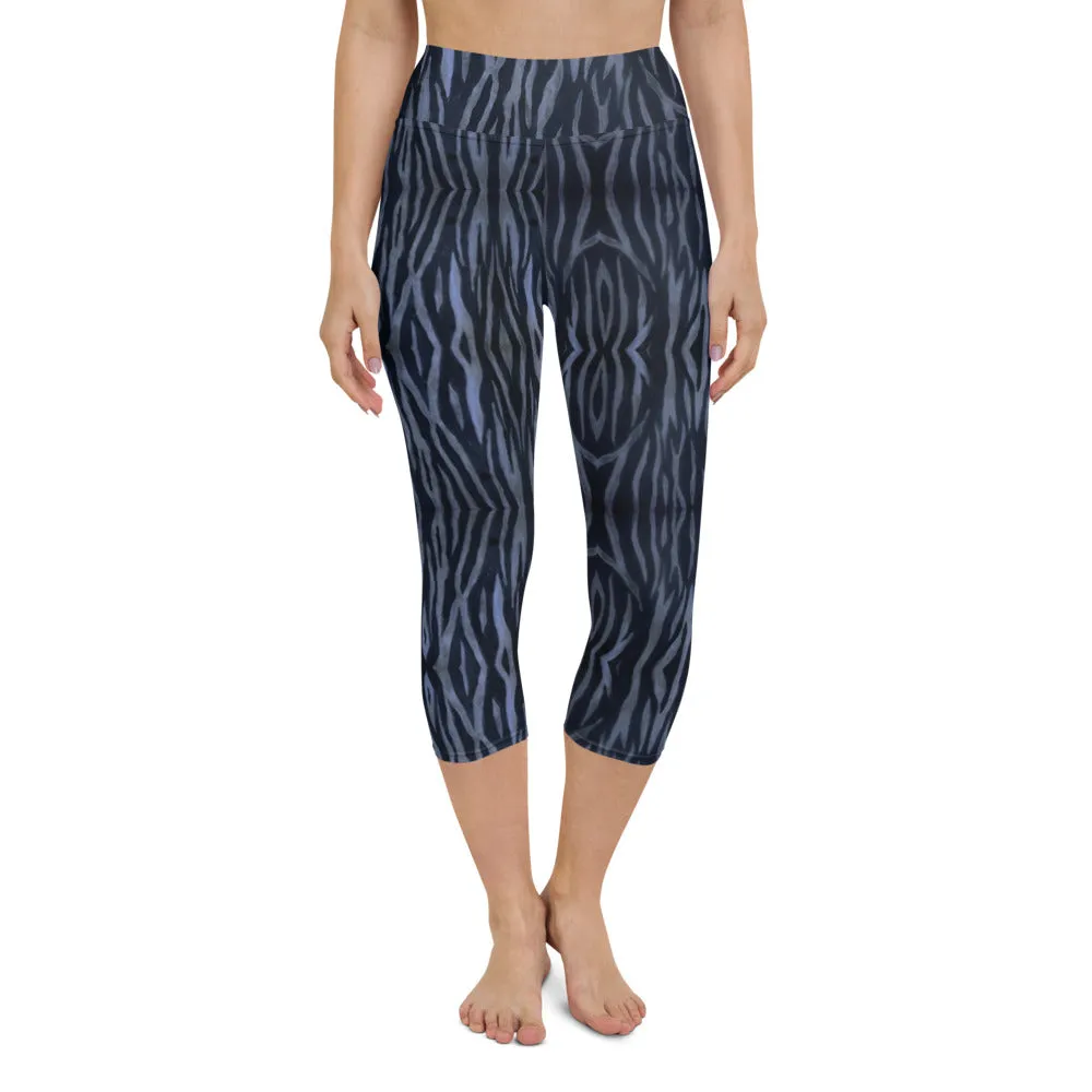 Blue Tiger Yoga Capri Leggings, Tiger Striped Animal Print Women's Tights-Made in USA/EU/MX