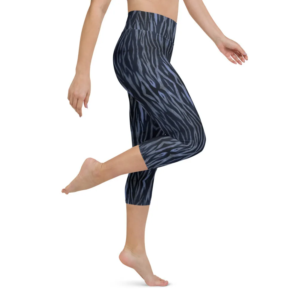 Blue Tiger Yoga Capri Leggings, Tiger Striped Animal Print Women's Tights-Made in USA/EU/MX