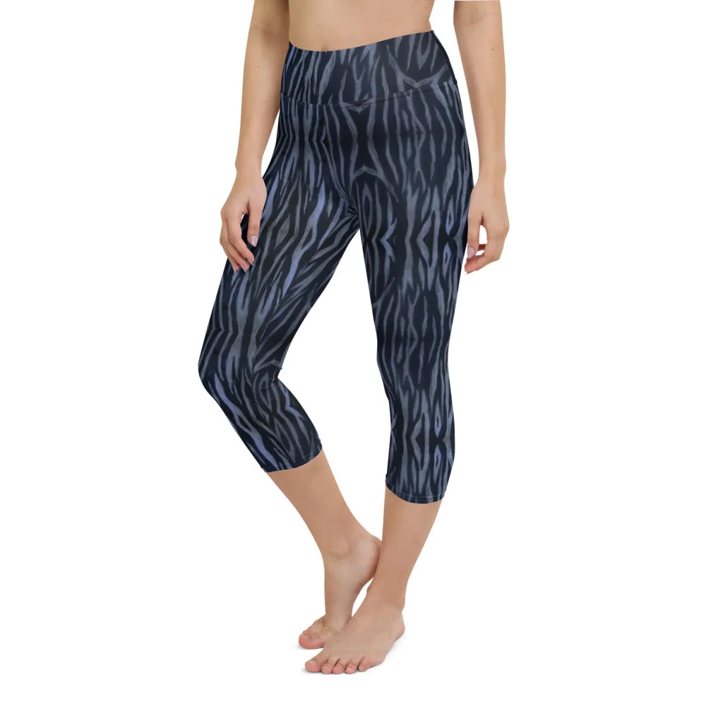 Blue Tiger Yoga Capri Leggings, Tiger Striped Animal Print Women's Tights-Made in USA/EU/MX