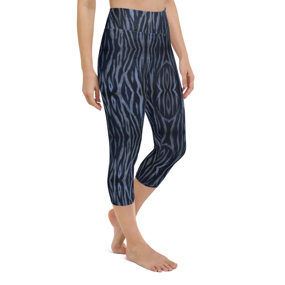 Blue Tiger Yoga Capri Leggings, Tiger Striped Animal Print Women's Tights-Made in USA/EU/MX