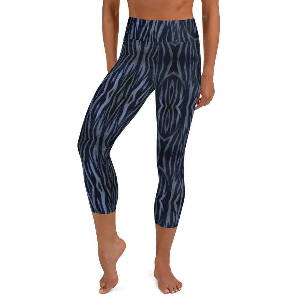 Blue Tiger Yoga Capri Leggings, Tiger Striped Animal Print Women's Tights-Made in USA/EU/MX