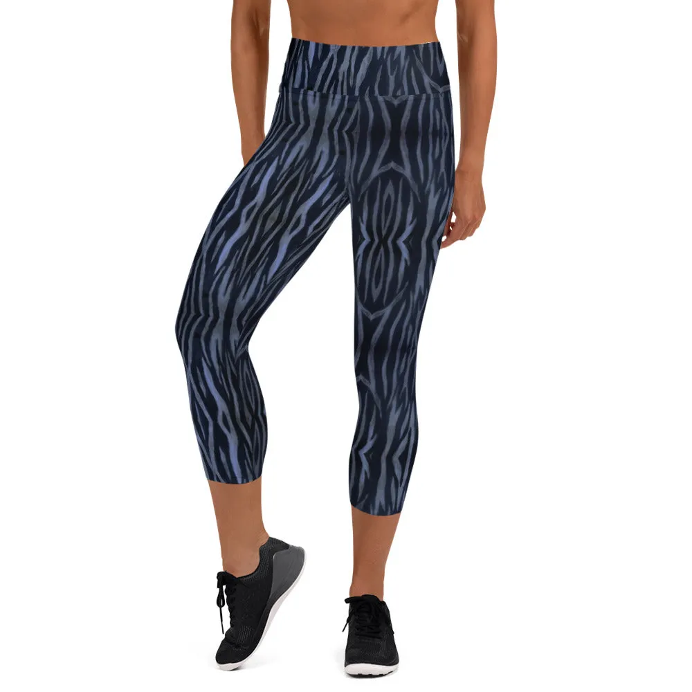 Blue Tiger Yoga Capri Leggings, Tiger Striped Animal Print Women's Tights-Made in USA/EU/MX