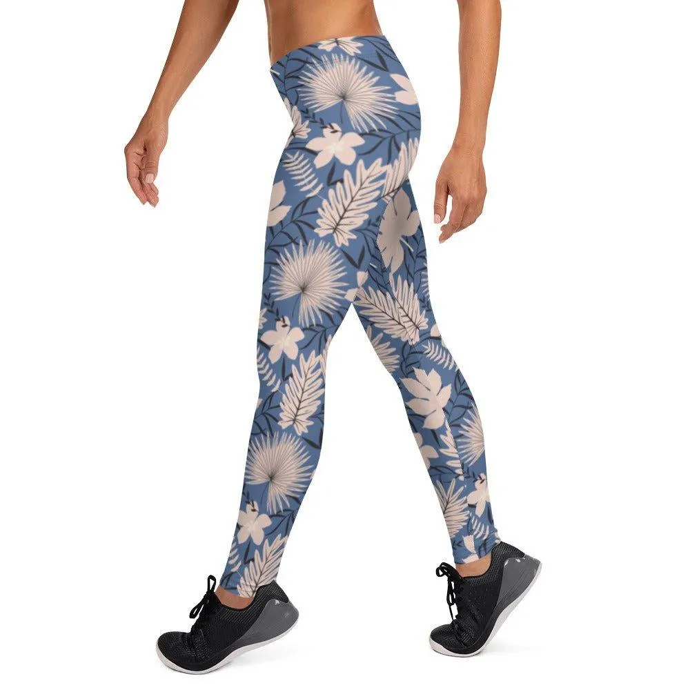 Blue Tropical Flower Women's Mid-Rise Leggings