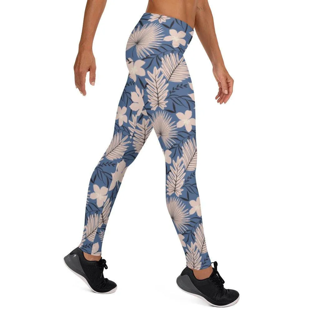 Blue Tropical Flower Women's Mid-Rise Leggings