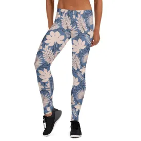 Blue Tropical Flower Women's Mid-Rise Leggings