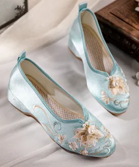 Blue Wedge Heels Satin Boho Splicing Nail Bead Embroidery LY7709