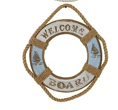 BLUE WOODEN SIGN HANDMADE "WELCOME" ROPE LIFE RING WALL DECOR WITH VARYING DETAILS AND COLORS